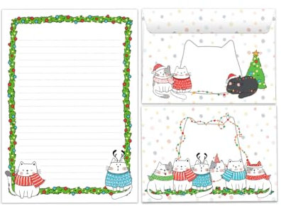 Briefpapier-Set für Weihnachten Katzen grün Blöcke Umschläge Kindermotiv für Mädchen Jungen Weihnachtsbriefpapier Weihnachtspapier Brief an Weihnachtsmann (Block A5 mit 25 Blätter + 15 Umschläge)