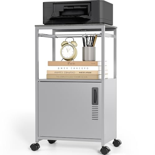 TOOLF Carro de archivador rodante, soporte para impresora móvil con escritorio y ruedas bloqueables, ideal para oficina o uso doméstico, color gris