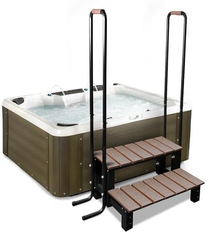 Hot Tub Ladder Above Ground,Pool Hot Tub Steps Wood with 2 Handrails and Anti-Skid Pads,600 LB Load Capacity Pool Stairs Pool Steps for Travel Trailers, Spa, Camper, 5th Wheels (2 Step, 2 Handle)