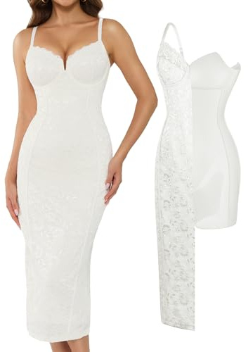 Popilush Formal Wedding Guest Dress - Women's Shapewear Lace Corset Dress Deep V Neck Sleeveless Cocktail Bodycon Midi Dress Beige
