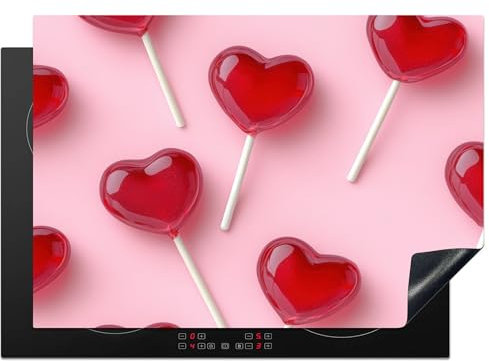 KitchenYeah© Herdabdeckplatte 75x52 cm Einteilig Küche Herdabdeckung Induktionsfeld Ceranfeld Herdabdeckplatten Vinyl Matte Aufrollbar Lutscher - Rosa - Valentinstag - Valentin - Valentinstag
