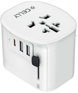 Celly MULTIPLUG30WWH, MultiPlug Caricabatterie Da Viaggio, Ricarica Rapida Fino a 30W, Adattatore Universale, Presa Multipla Salvaspazio, Con USB-A USB-C