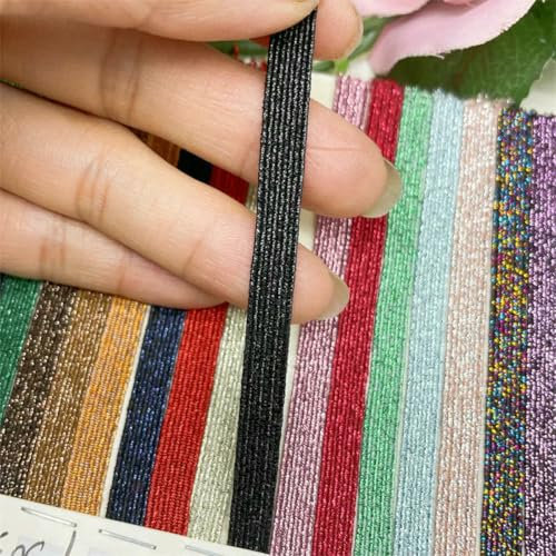 Venta al por mayor de 6 mm de cinta elástica brillante dorada y plateada de colores para coser, banda de goma Fiat, banda elástica para cintura, cinta elástica con purpurina de 25-6 mm, 144 yardas (
