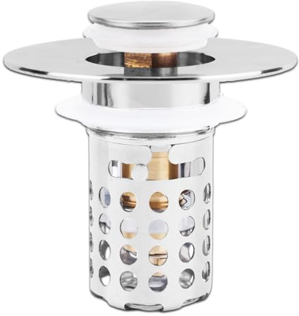 Universal Bathroom Sink Stopper, Stainless Steel Pop up Sink Plug with Removable Strainer Basket Anti Clog Floor Drain Filter Hair Catcher Accessories for Kitchen Bathroom Bath Tub Basin Waste
