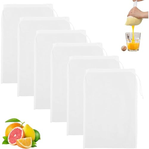 Pack of 6 Nut Milk Bags, 20 x 30 cm Organic Fine Woven Filter Bags with Drawstring Straining Cloth, Washable Reusable Sieve Cloth for Nut Milk, Cheese, Coffee, Yogurt, Fruit Juice, Vegetable Juice