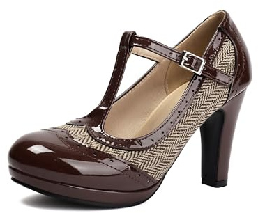graceretro dam Mary Jane tvåtons 1920-talet pumps klassiska och retro oxfordmönster vintage runda stängda tår 1950-talet ankelremmar skor, BRUN, 38 EU