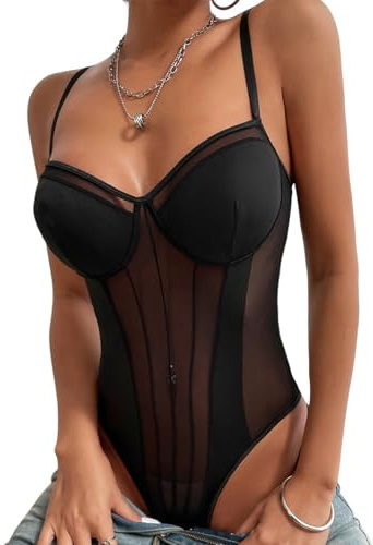 IBAKOM Women's Sexy Cami Bodysuit Leotard Mesh Sculpting Shapewear Patchwork Thong Top with Adjustable Straps Tummy Control Body Shaper