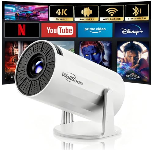 WellSonic Mini proiettore portatile 4K 1080p, proiettore intelligente con WiFi e Bluetooth wireless, 200 ANSI lumen, Android 11, rotazione di 210°, proiettore cinematografico da 130 pollici per casa