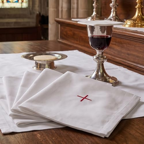 Singolo Altare Lino Bianco Caporale Chiesa 100% Cotone con Croce Rossa Ricamata Messa Comunione
