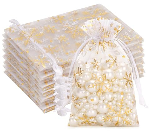 G2PLUS Sacchetti di Organza Natale Bianco: Sacchetti Regalo Piccoli in Organza con Fiocchi di Neve Dorato, Bustine 10x15cm per Natale Regalo,Caramelle,Gioielli,50 Pezzi