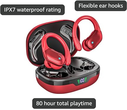 HAOYUYAN Wireless Earbuds, Sports Bluetooth Headphones, 80Hrs Playtime Ear Buds with LED Power Display, Noise Canceling Headset, IPX7 Waterproof Earphones for Workout/Running (Red)