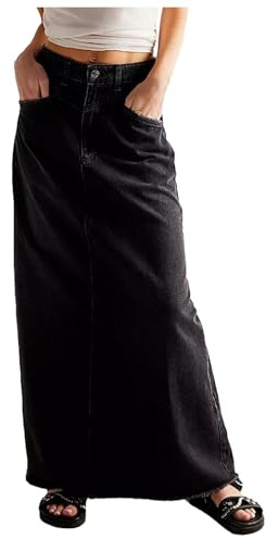 Gonna di jeans per donna Jeansrock lungo stile vintage Jeans Maxirock a matita Midirock Elegante a vita alta A-linea Gonna con tasche Maxi Long Jeansrock Denim molto elastico, O nero., S