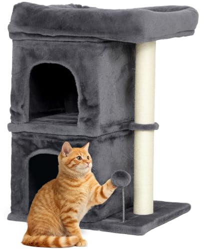 PawHut Kratzbaum mit 2 Katzenhöhle für Katzen bis 7 kg 66 cm Dunkelgrau | Kleiner Katzenbaum, Liegefläche, Katzenkratzbaum mit Kratzstamm, Spielball, Katzenmöbel