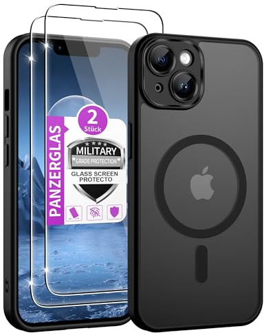 Jshru für iPhone 14 Hülle mit 2 Stück Panzerglas,Kompatibel mit Magsafe Kameraschutz Dünn Magnetisch Handyhülle Militärschutz Stoßfest Schutzhülle Matt Transluzent Case für iPhone 14, Schwarz