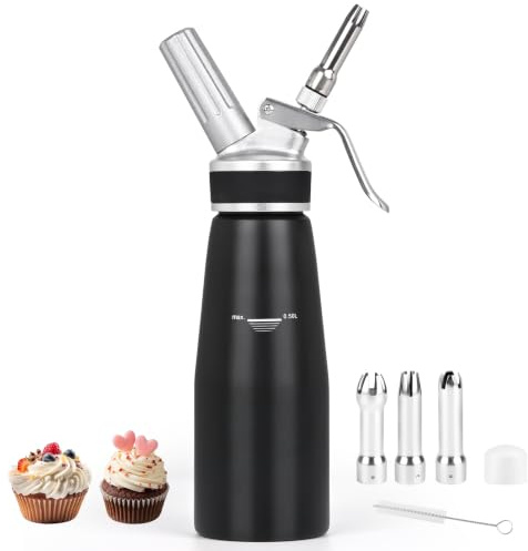 Sahnespender,Sahnesyphon Aluminium 500ml mit 3 Edelstahl Deko-Düsen (Lotus, Stern, Kreuz) & Reinigungsbürste,Aluminium Sahnesiphon für Schlagsahne, Mousse, Desserts, Heiße Getränke, Creme.Schwarz