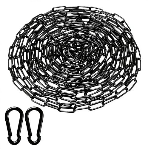 CHEUNGR 10 Metres Black Metal Chain, 3mm Heavy Duty Chains Links, Security Chain with 2 Detachable Carabiners for Fence Gate, Garage Doors, DIY Projects
