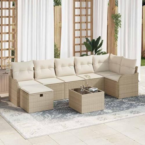 Frdhee Sofá de jardín, sofá lounge, tumbona, muebles de salón al aire libre, juego de sofá con cojín con almacenamiento beige y crema de polirratán para jardín, restaurante o terraza, jardín