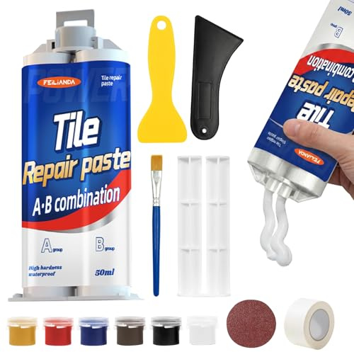 Shyllin Kit Reparacion Baldosas 50 ml, Juego de Reparación de Esmalte,Adecuado para Reparar Cerámica, Azulejos y Fregaderos, Abolladuras, Grietas, Agujeros y Rayones