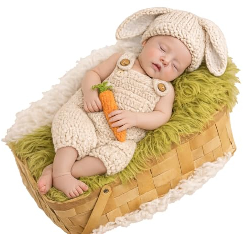 Baby Bunny Outfit for Newborn Photoshoot Props – Easter Baby Outfit Knitted Crochet Bunny Costume with Bunny Ears Hat & Carrot Prop – Newborn Photography Outfit Easter Bunny Baby Photoshoot Costume