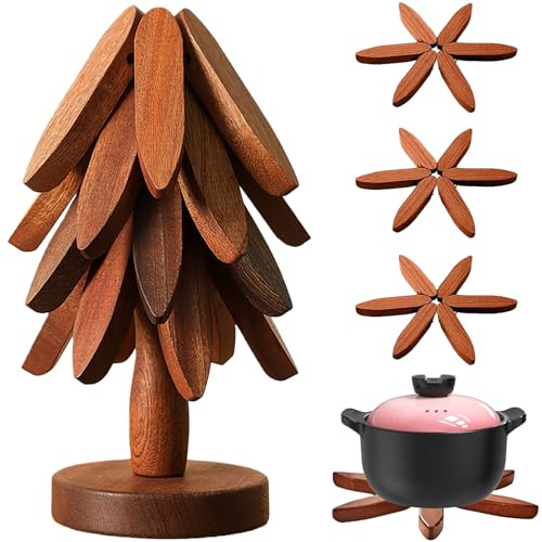 Wooden Trivets for Hot Dishes - Coaster Stack, Tree Shape, 3 Foldable Reusable Wooden Trivets 1 Stand Stored Set, Wood for Hot Pots, Pans, Bowl, Teapot, Practical Trivet on The Kitchen Counter Deco
