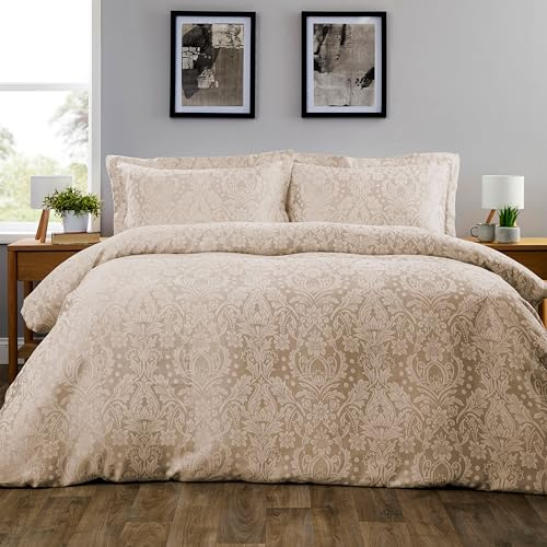 Olivia Rocco Dorchester Jacqaurd Duvet Cover Set Quilted Bedding Covers with Pillowcases, Champagne King
