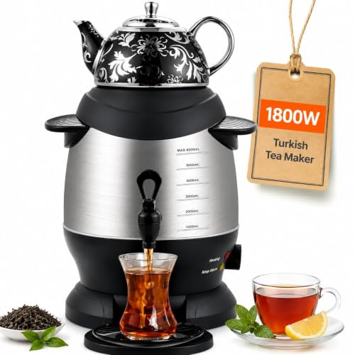 Samovar elektrisk turkisk tekanna, 5 l vattenkokare i rostfritt stål och 1L tekanna, varmhållningsfunktion svart