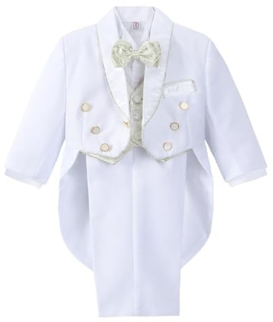 Lito Angels Smoking per Bambino, Completo da Battesimo da 5 Pezzi (Giacca, Camicia, Jacquard Gilet, Pantaloni e Papillon), Taglia 3-4 Anni, Bianco e Oro