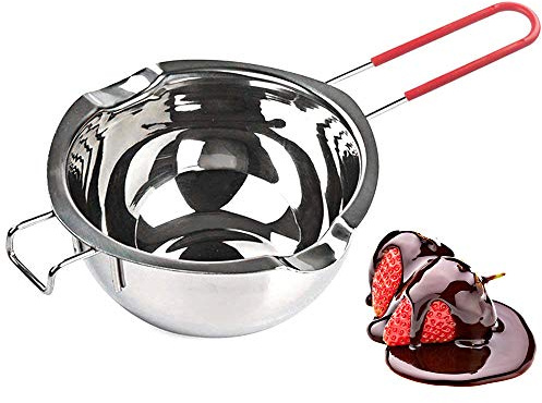 Edelstahl Doppelkessel 600 ml zum Schmelzen von Schokolade, Butter und Kerzen – 18/8 Stahl Universal-Einsatz roter griff