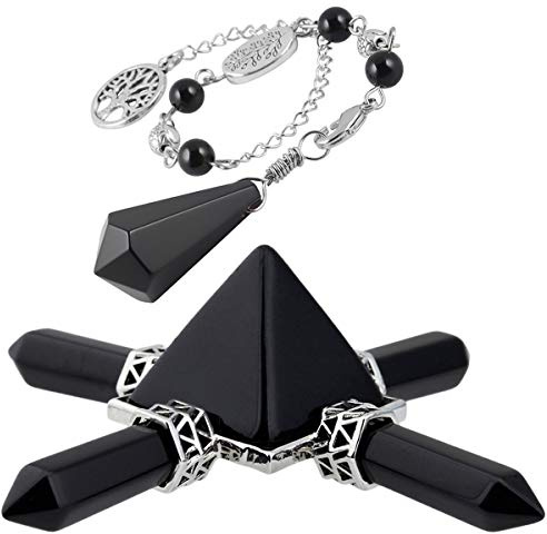 Nupuyai Obsidian Healing Crystal Kit, Energy Pyramid with 4 Stone Point Wand Dowsing Pendulum Collection Set Reiki Figurine Decor