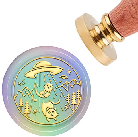 CRASPIRE Wax Seal Stamp Cat Vintage Sealing Wax Stamp UFO 30mm Removable Brass Head Sealing Stamp with Wooden Handle for Wedding Invitations Halloween Envelope Thanksgiving Christmas