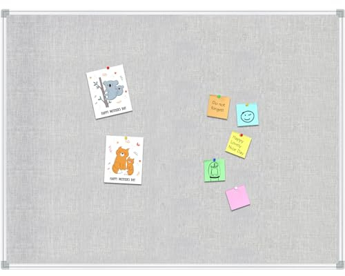 Lockways Linen Cork Bulletin Board, Light Grey Color Framed Linen Fabric Pinboard 48 x 36 Inch, Silver Aluminum Frame Message Notice Wall Mounted Cork Board for Home Kitchen Office Decorative