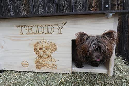 Premium Hundehaus hundehütte Wurfbox Hundebett Hundekörbchen aus 20mm starkem Fichtenholz mit Wunschgravur,