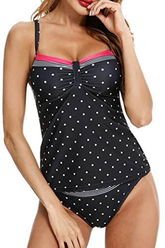 Aottori Dam 2 delar vadderad tryckt tankini tröja med shorts, push-up bikini vadderade ränder strandkläder, svart, M