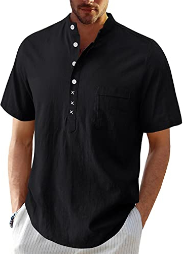 Herren Baumwolle Und Leinen Kurzarm Halb Offenes Hemd Street Casual Loose Stand Up Krawattentasche Große Größe Hemd schwarz XL