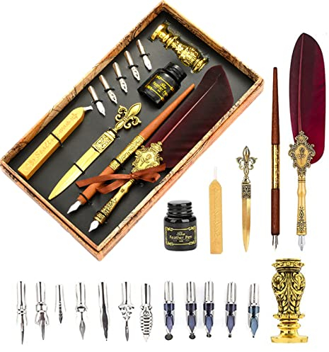 Joyeee Rétro Plume d'Oie Stylo, Fountain Dip Pen avec 17 Plumes de Rechange et D'encre, porte-stylo bronze antique, Envelope Opener Metal, âtons de sceau de cire pour Rétro Cire D'étanchéité Timbres