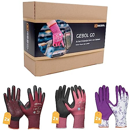 Gebol GO Arbeitshandschuh-Set Damen | Größe M (Gr. 8) | Hand- und Heimwerkerinnen Grundausstattung für Montage, Reparatur und Gartenarbeit | Für Damen | 6 Paar