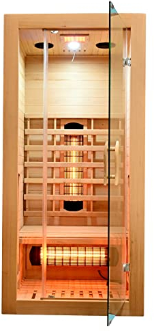 SANOTECHNIK Infrarotkabine MALMÖ 1 – 1 Person Infrarotsauna 90×90×190cm | 4 Vollspektrumstrahler + Carbon-Heizplatte, LED-Farblicht, Bluetooth-MP3, 8 mm ESG-Glas – Art.Nr.: SB10090