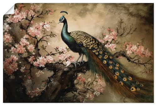 ARTLAND Wanddeko Poster & Kunstdrucke Wandposter 120x80 cm Querformat Asiatische Deko Pfau Baum Blumen Kirschblüten Vintage U4WA