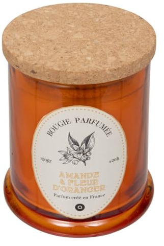 Atmosphera - Bougie Parfumée Hapo Amande et Fleur d'Oranger 150g, H 10.2 cm, Verre Ambré avec Couvercle - Pour Salon, Chambre, Ambiance Intérieure