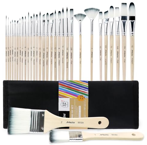 Artecho 32 PCS Art Paint Brushes Set - Watercolor, Acrylic & Oil Painting - Professional Brushes for Artists & Adults