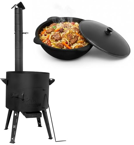 Kazan 16L Gusseisen mit Uchag Feuerofen Set – Usbekischer Kazan mit Aluminium Deckel – Utschak 2mm Stahl mit Abzugsrohr, Aschekasten, Schieber & verstärkten Beinen – Plov Outdoor Kochen Garten Camping