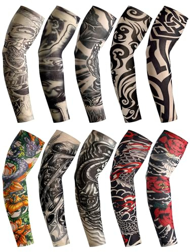 Boao 20 Pcs Men's Cooling Arm Sleeves Long Fingerless Arm Cover Anti Slip UV Protection Sun Temporary Tattoo Sleeves(Multi Style,Classic Colors,Medium)