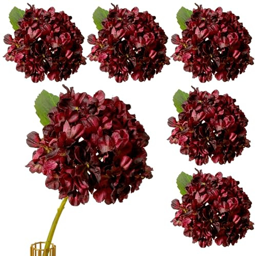 Nvzi 5 ortensie artificiali rosse in seta, 36 cm, fiori finti ortensie per matrimoni, casa, giardino, centrotavola