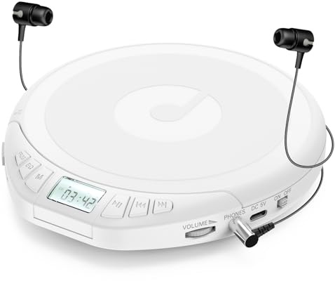 Gueray CD Player Portable CD Dsicman: with Earphones for Car with Anti-Skip Shockproof with LCD Display Support PROG Memory Repeat Function (White)