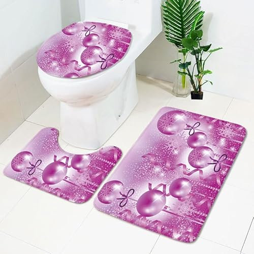 Bad Teppiche Set Rosa Weihnachtskugel Badezimmerteppich Waschbar WC Vorleger mit Ausschnitt und WC Deckelbezug 3 Teilig Badematte rutschfest Toilettensitzbezug Badgarnitur 50x80 cm