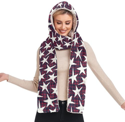 GAIREG Damen Winterschal mit Kapuze, Mütze, Schal, kaltes Wetter, Weiße Sterne, rotes Karomuster, Einheitsgröße