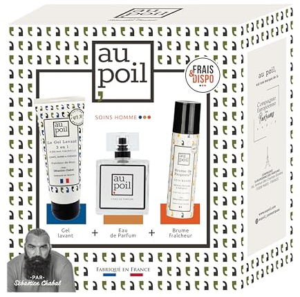 AU POIL le Coffret Frais & Dispo : 1 Eau de Parfum 100ml, 1 Brume de propreté 70ml, 1 Gel lavant 3-en-1 100ml Fraîcheur de Musc par Sébastien Chabal