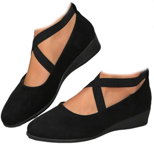 Eleganti scarpe basse con zeppa bassa, in tinta unita, con supporto ortopedico per arco plantare, in pelle scamosciata, comode, vintage, da donna, Nero , 37 EU