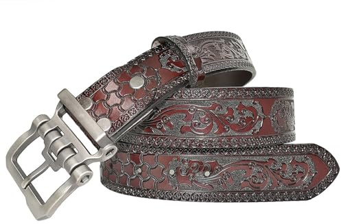 PACDE Western Rétro Ceinture en Cuir Véritable en Cuir de Vachette avec Fleur en Relief pour Homme, 110