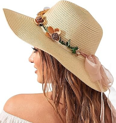 BelleVive Blumen-Strandhüte für Damen, Sonnenhut aus Stroh mit breiter Krempe für Damen, Sonnenhut mit LSF 50+ UV-Schutz, Faltbarer Schlapphut, Sommer-Flitterwochen-Urlaubsreisen